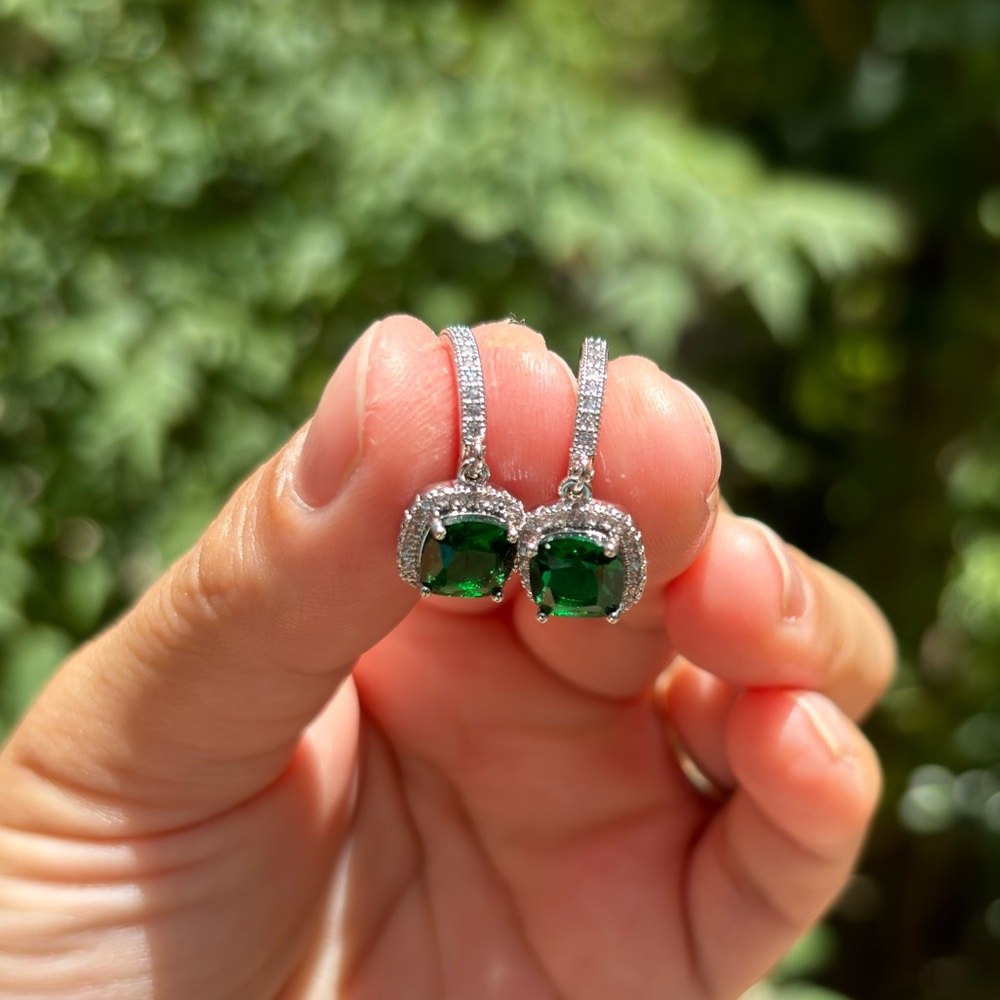 18K White Gold Plated Stainless Steel Emerald Green Diamond Dangling Earrings - Picture 3 of 7